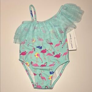 NWT Janie and Jack Baby Girl Flamingo Ruffle Shoulder Swimsuit Size 12-18 Months